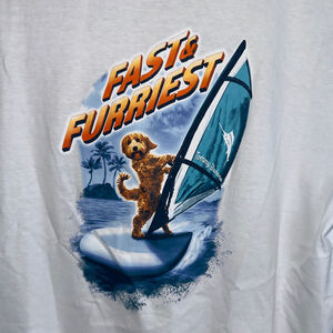 NWT Tommy Bahama Small Mens White Tshirt Fast & Furriest Surfing Dog Graphic Tee